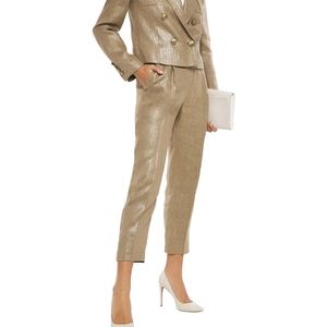 Brunello Cucinelli Cropped Coated Pleated Linen Tapered Pants